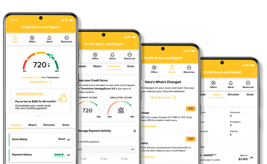 4 smart phone screens with credit score graphics.